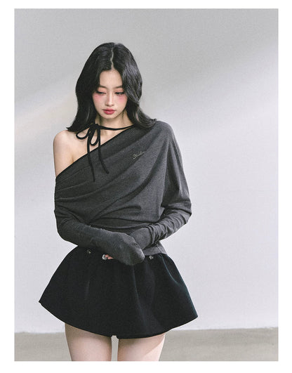 Off-Shoulder Halter Long-Sleeve T-Shirt