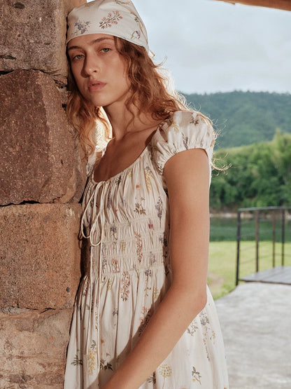 Botanical Graffiti Cotton Ruched Tie Dress