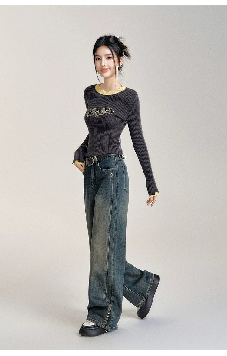 Gray Contrast Color Layered Knit Top