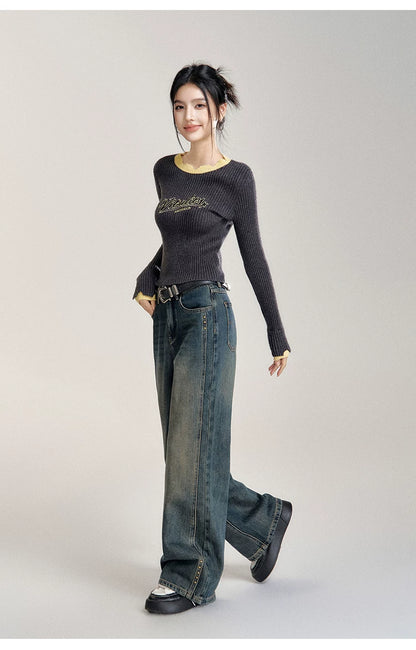 Gray Contrast Color Layered Knit Top