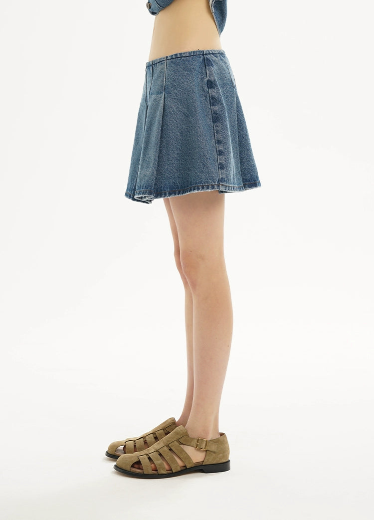 Dark Blue &amp; Light Blue Denim Pleated Skirt - CHINASQUAD