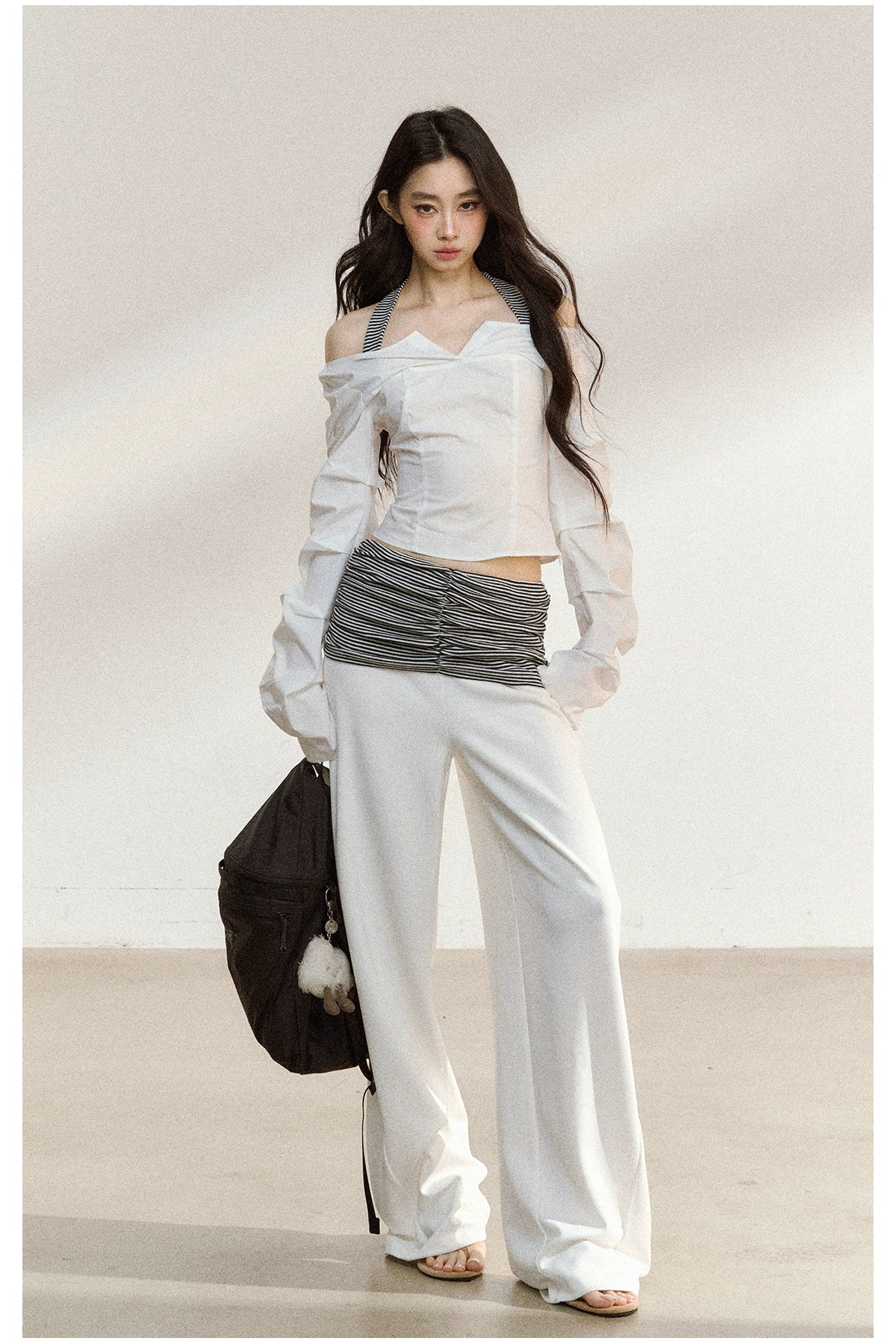 White V-Neck Off-Shoulder Cropped Blouse