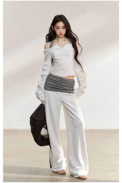 White V-Neck Off-Shoulder Cropped Blouse