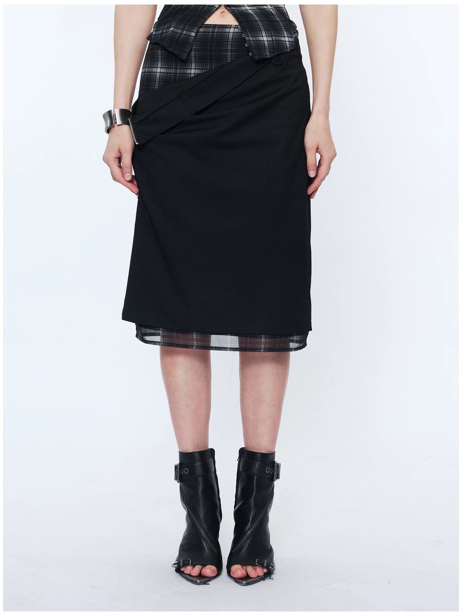 Deconstructed Check Patchwork Straight Midi Skirt
