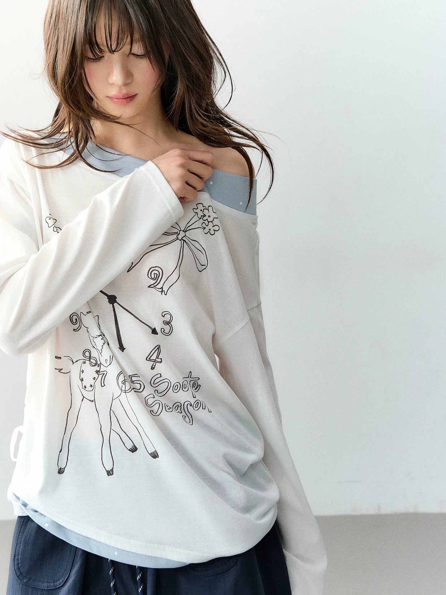 Clock Print Polka Dot Relaxed Long Sleeve blouse