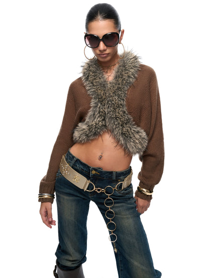 Faux-Fur Collar Cropped Knit Cardigan