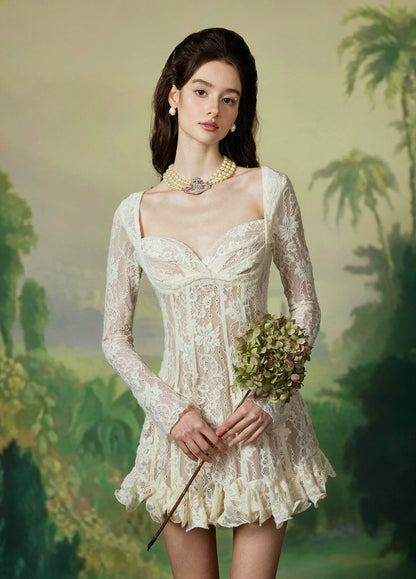 Lace Cinched Waist Long Sleeve Dress - CHINASQUAD