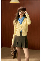 Yellow Twisted Texture Knitted Cardigan - CHINASQUAD