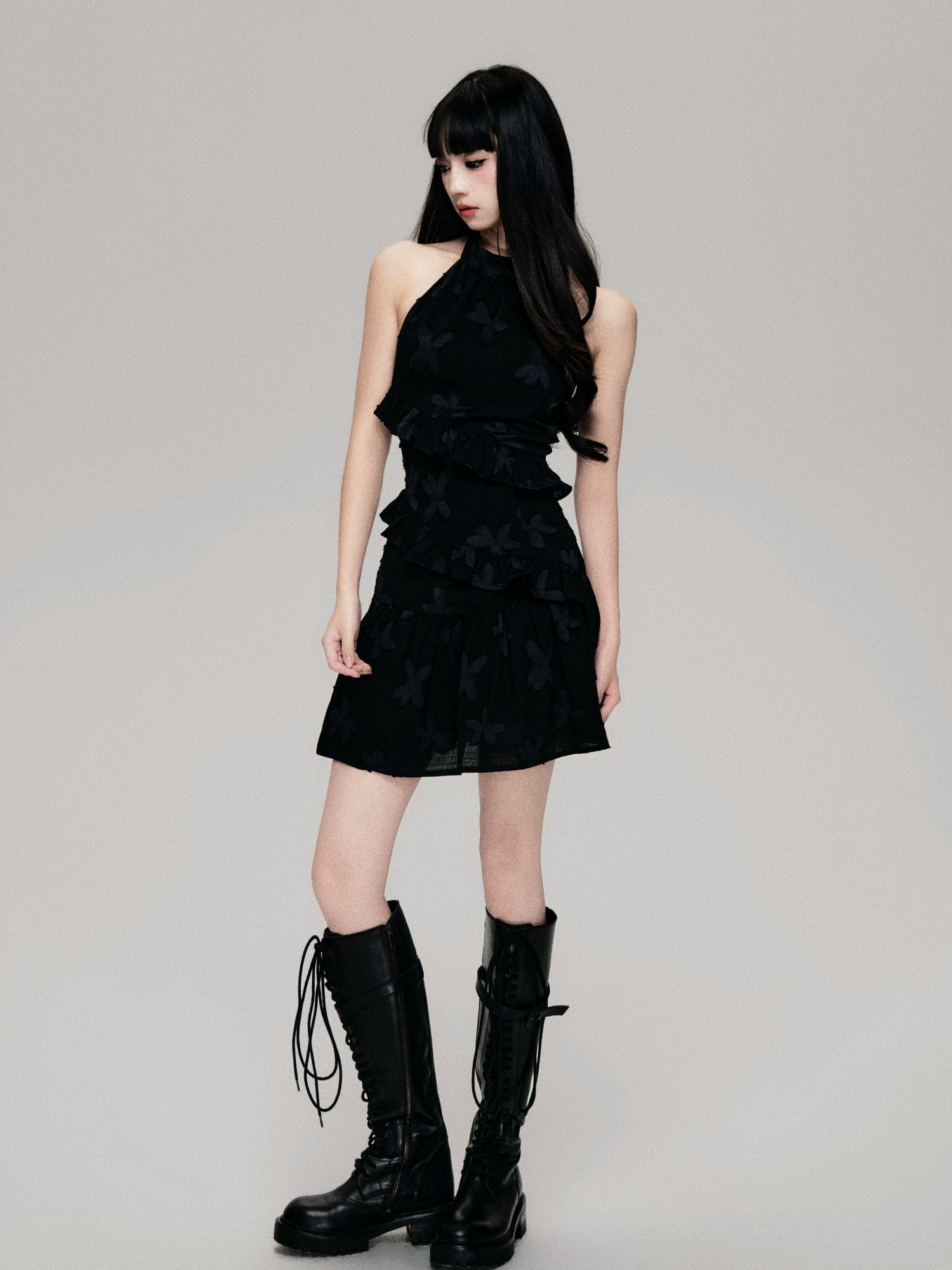 Textured Cut-Out Floral Halter Mini Dress