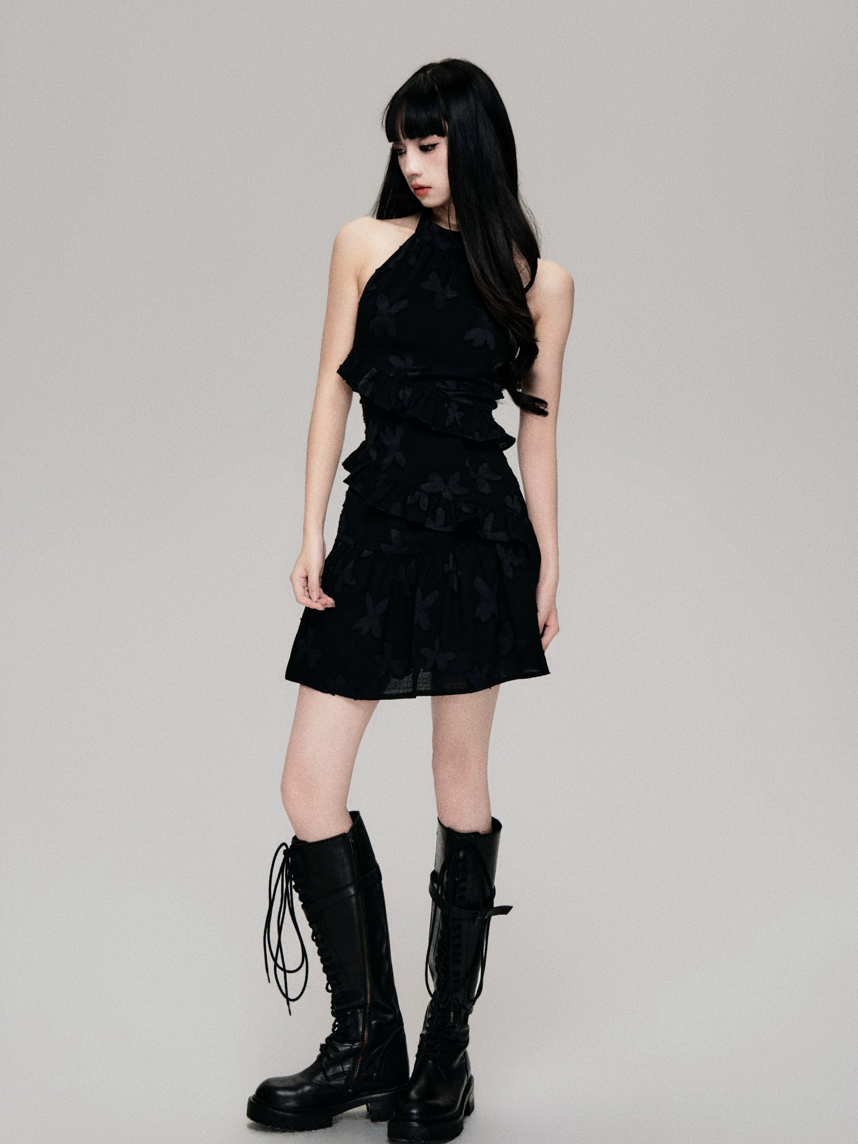 Textured Cut-Out Floral Halter Mini Dress