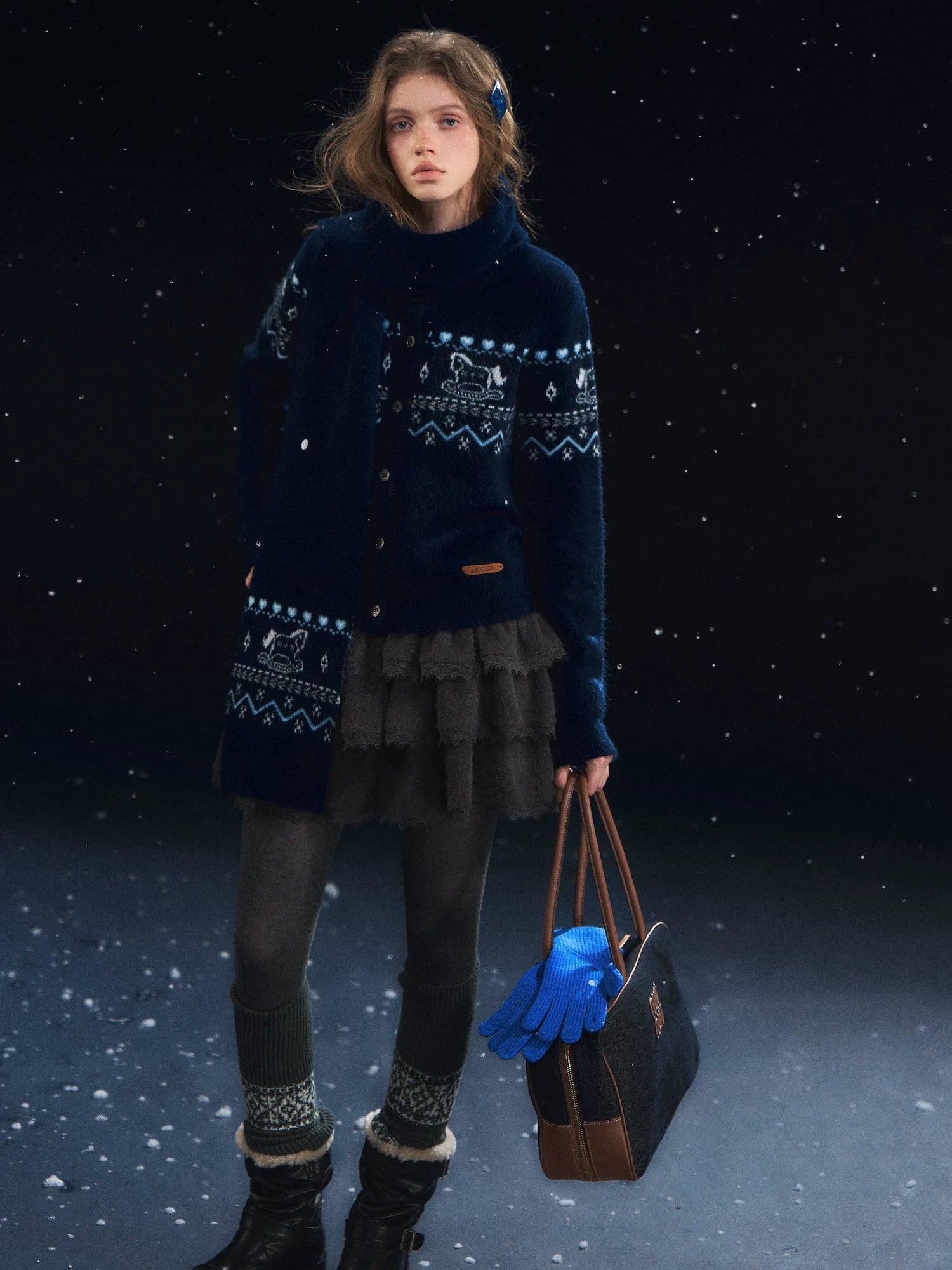 Fair Isle Scarf &amp; Cardigan Two-Piece Set