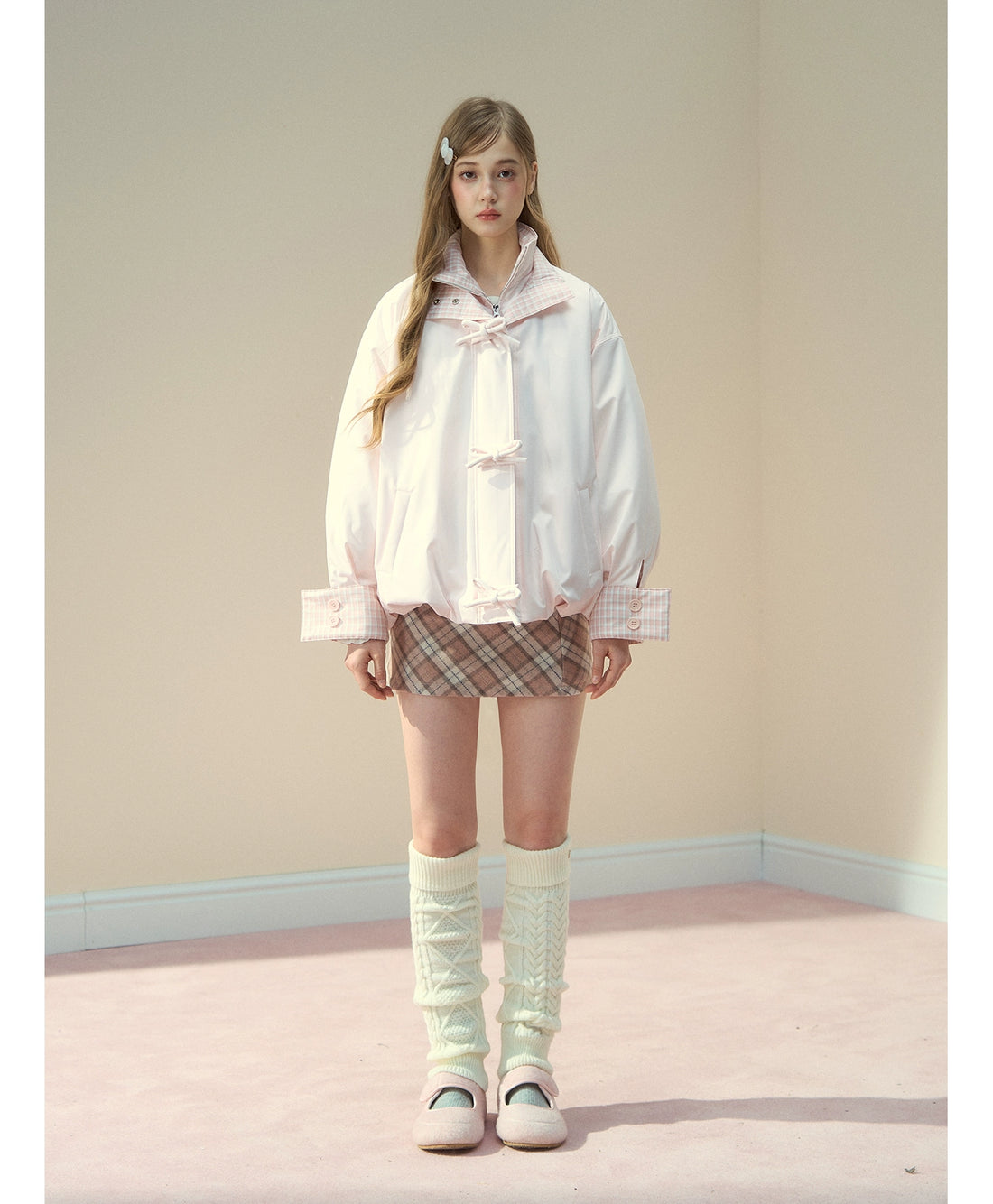 Pink Bow Check Down Jacket
