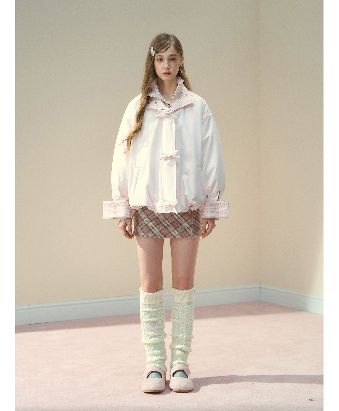 Pink Bow Check Down Jacket