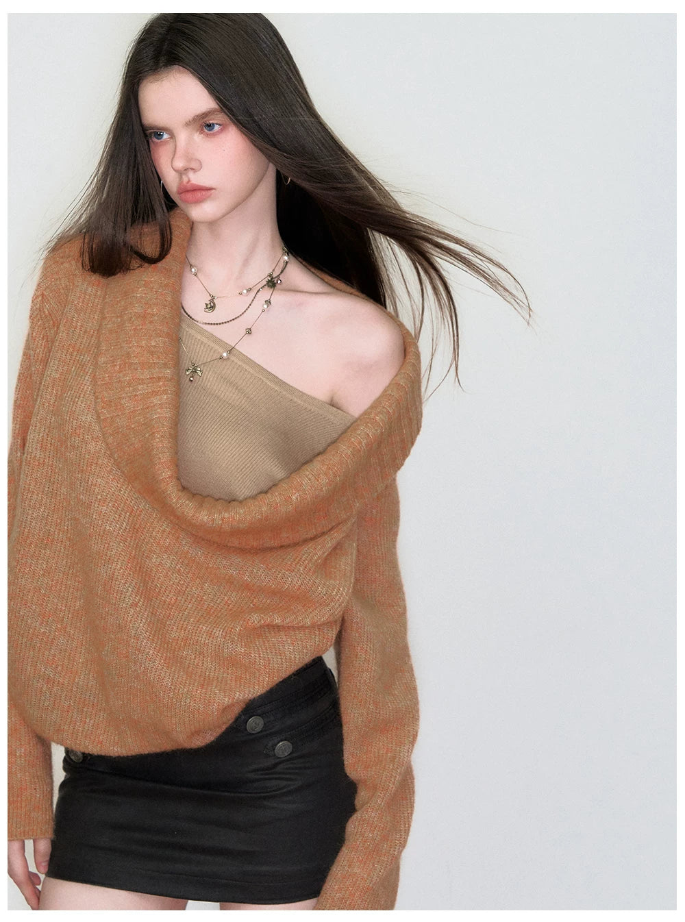 Relaxed Cowl-Neck Pullover Wool Knit Sweater