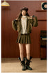 Khaki Plaid Patchwork Shearling Jacket & Pleated Skirt Set - CHINASQUAD