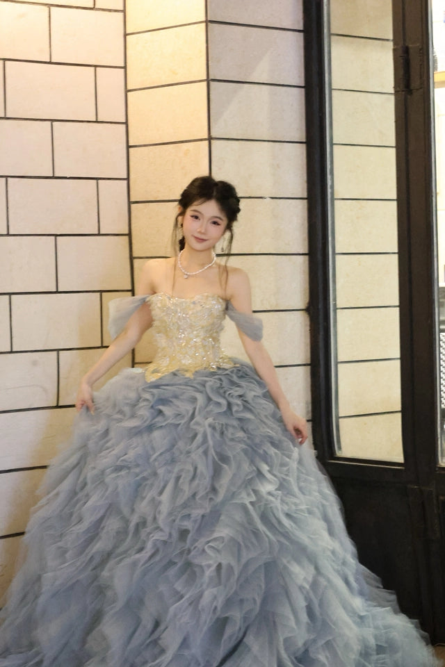 Blue Tears Ruffled Tulle Gown with Embellished Bodice