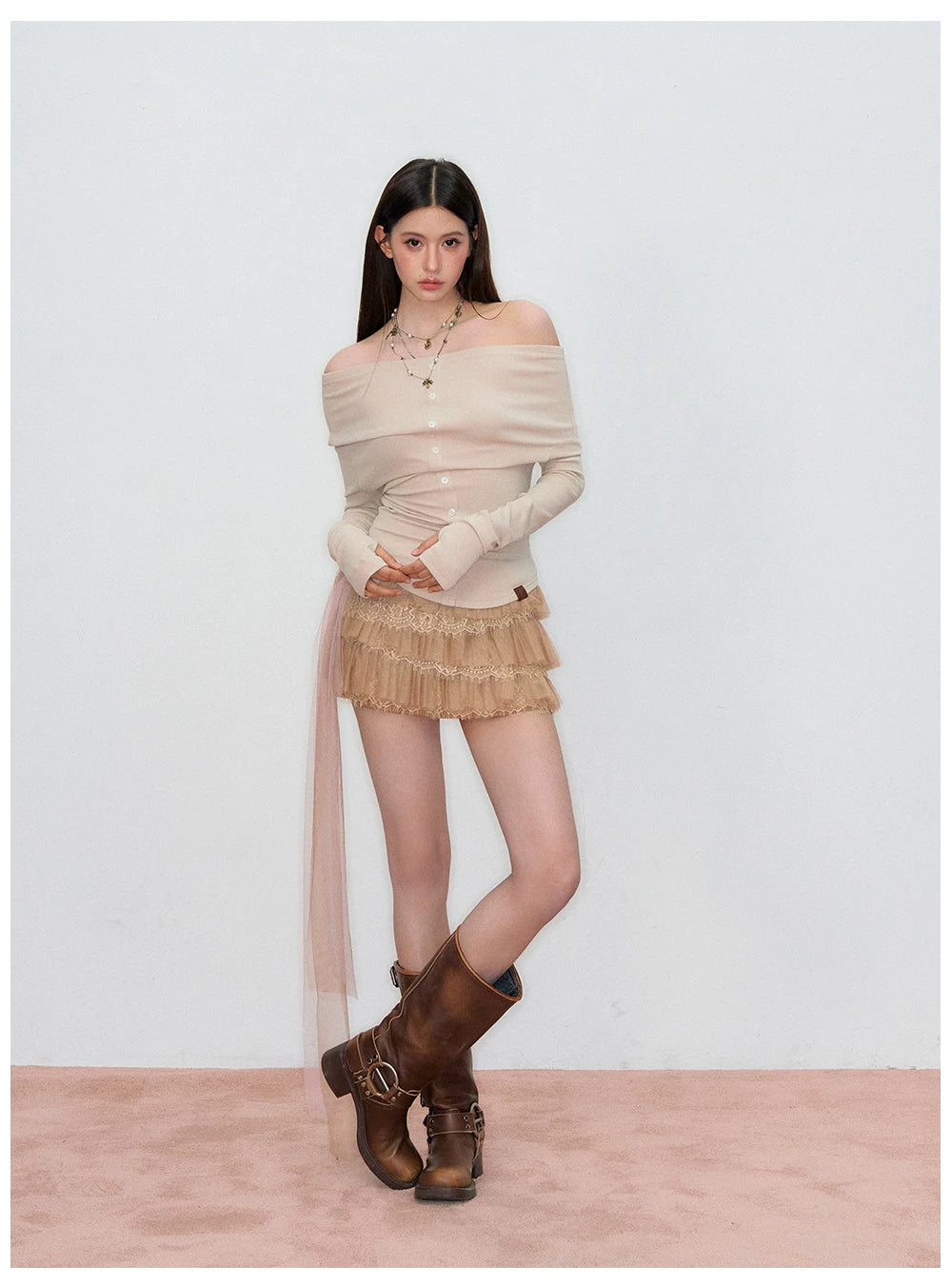 Lace-Panel Ribbon-Detail Tiered Midi Skirt