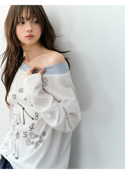Clock Print Polka Dot Relaxed Long Sleeve blouse