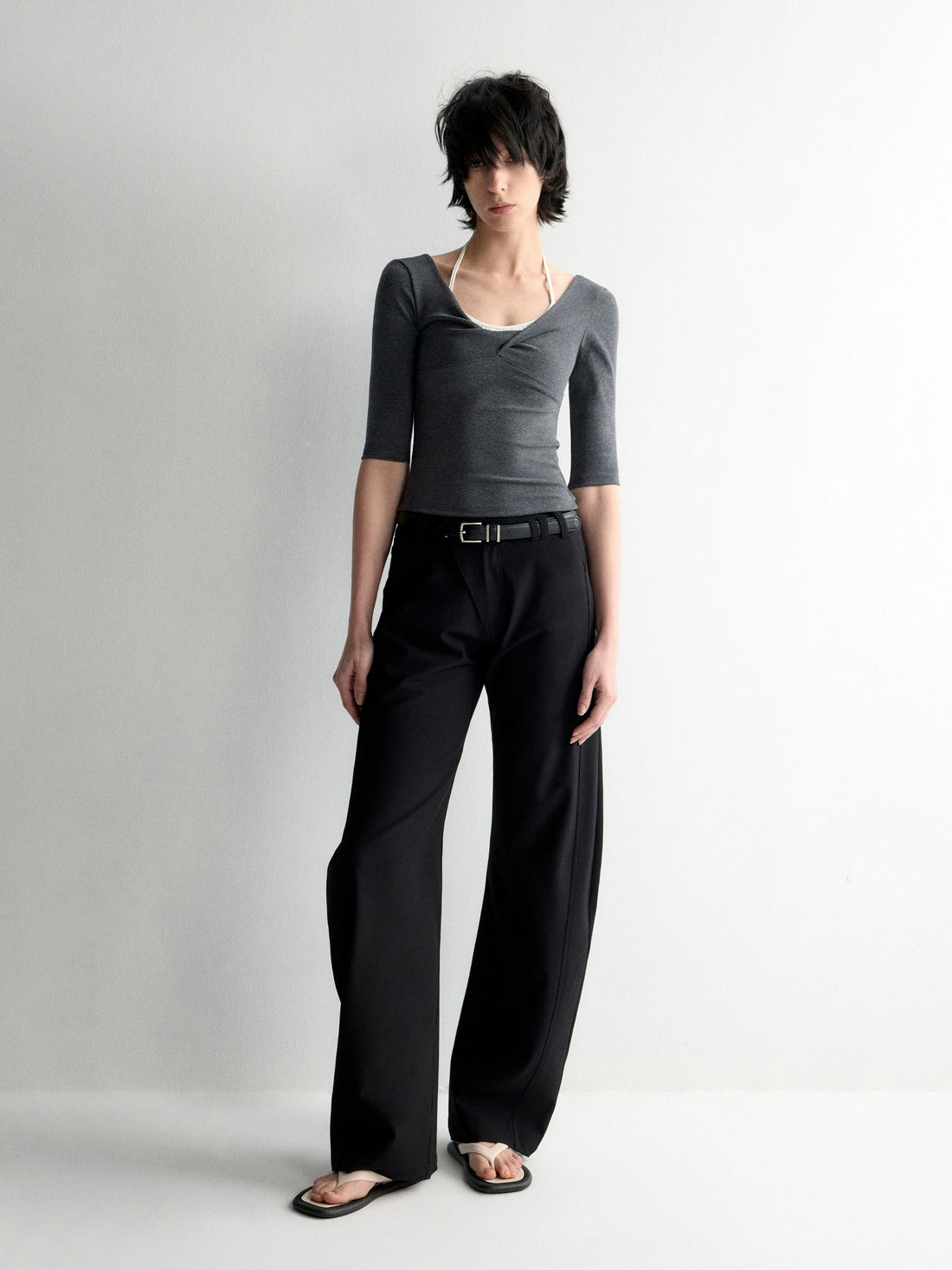 Twist Neck Waist-Tying T-shirt