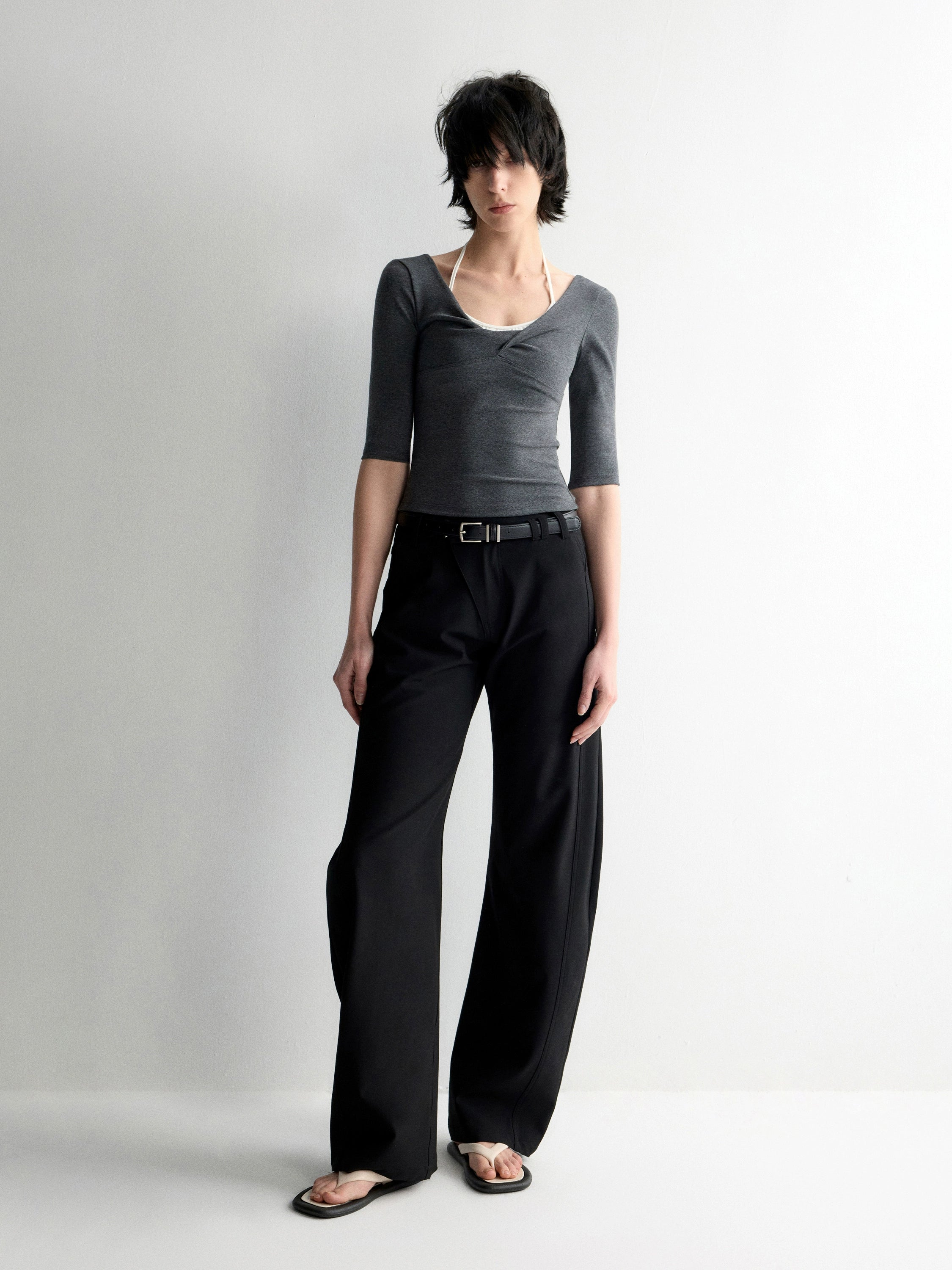Twist Neck Waist-Tying T-shirt