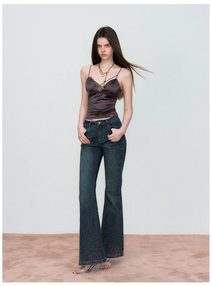 Vintage Rhinestone-Embellished Flared Denim Jeans