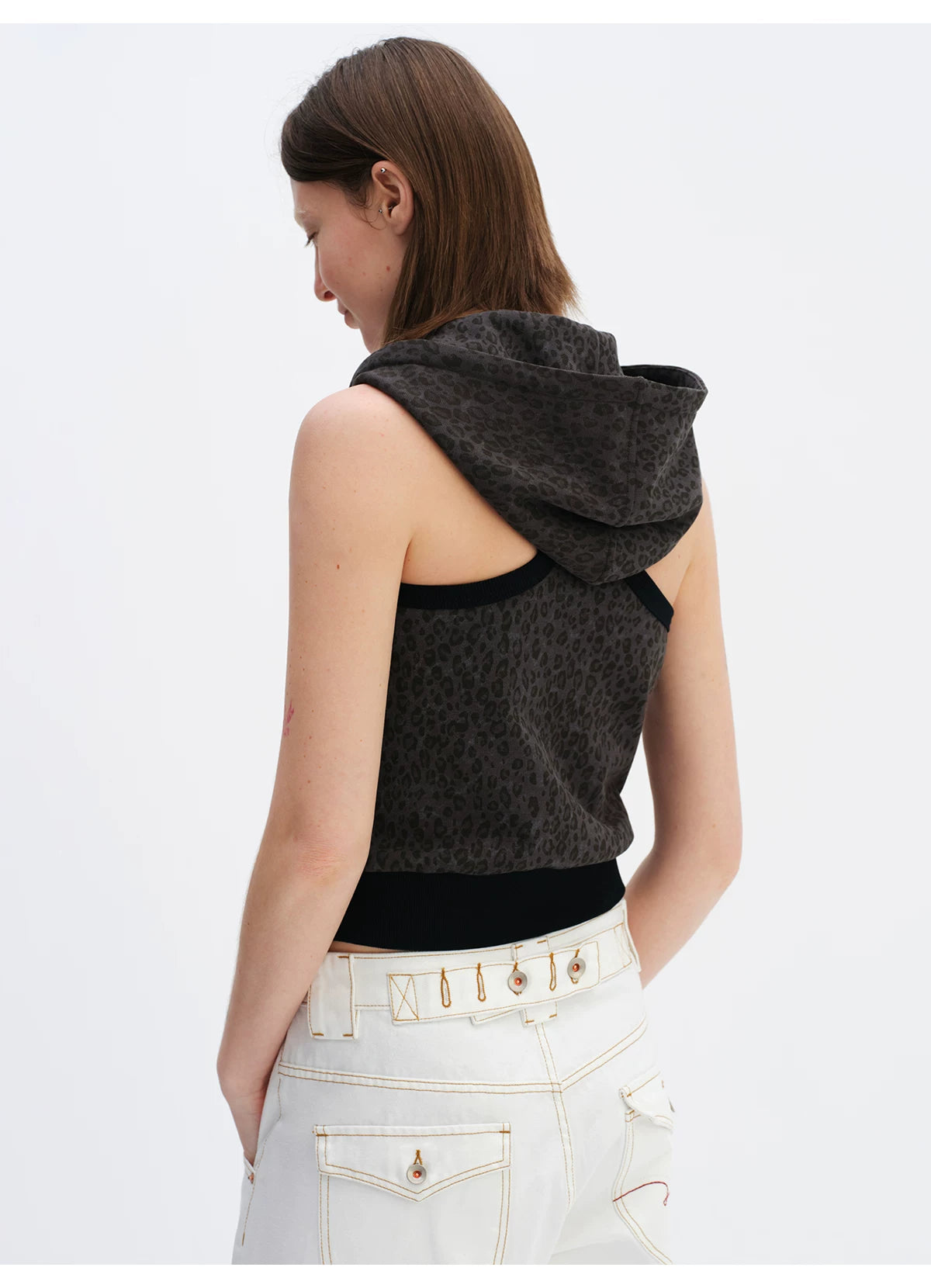 Cool-Tone Leopard Hooded Sleeveless Hoodie