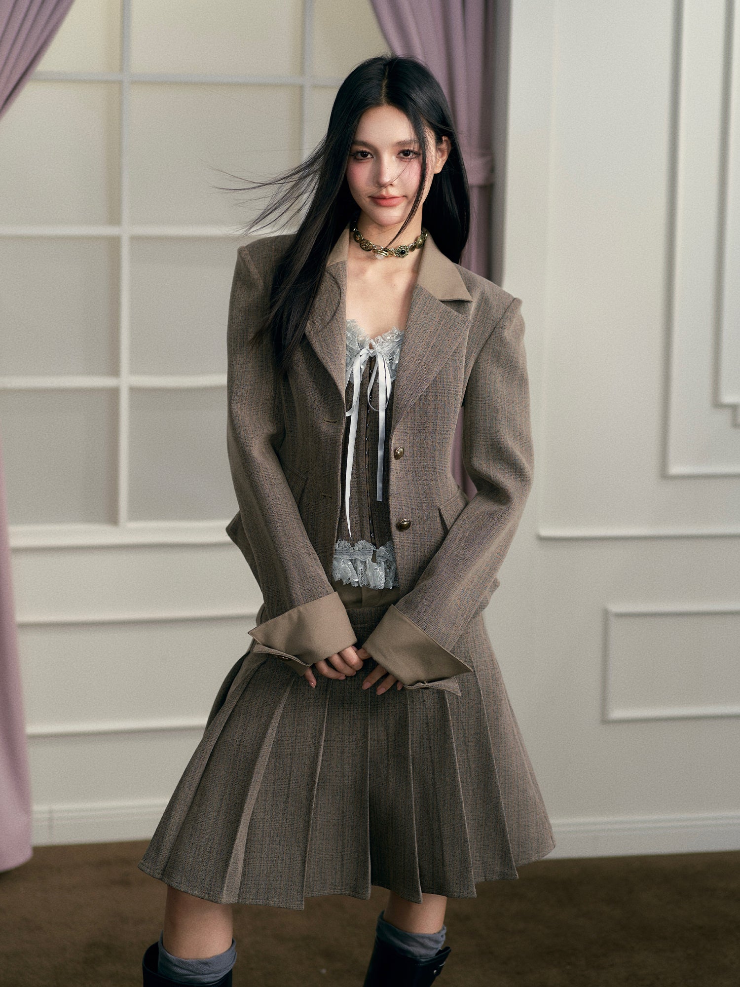 Brown Shawl Collar Jacket &amp; Skirt Set - CHINASQUAD