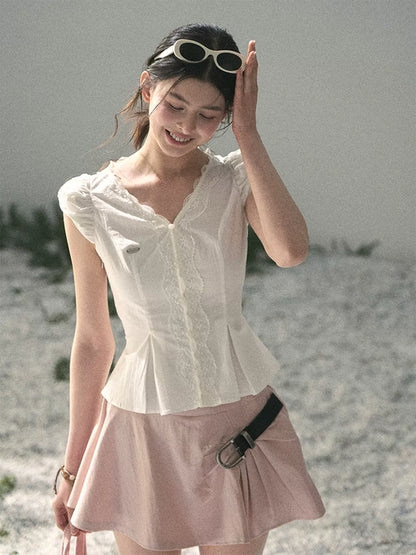 Lace Trim French V-Neck Blouse