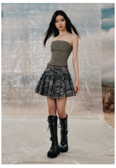 Patchwork Frayed Pleated Mini Skirt - CHINASQUAD