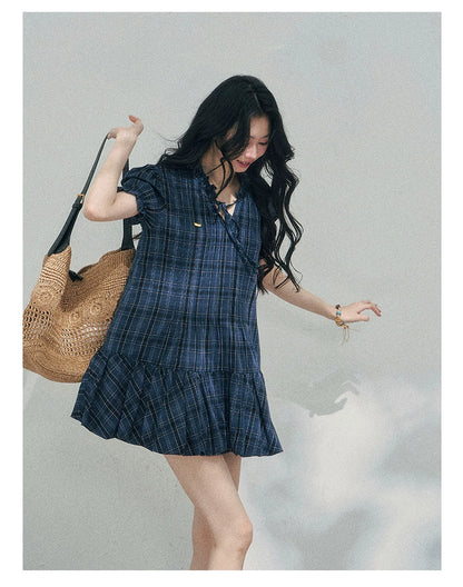 Soft Pleated Puff-Sleeve Mini Dress