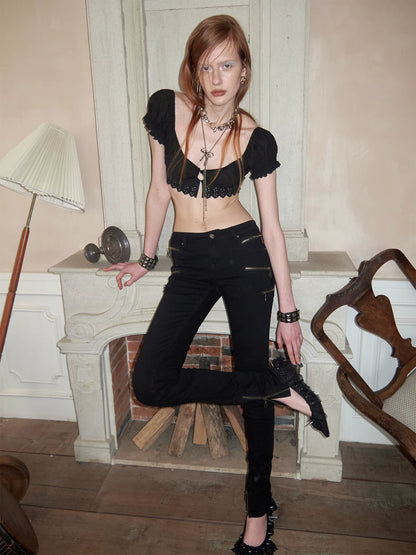 Vintage Washed Zip-Detail Skinny Jeans 1Jinn Studio