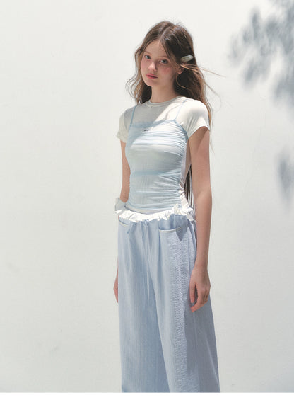 Contrast Color Fake Two-piece Mesh Lace Short-sleeve T-shirt