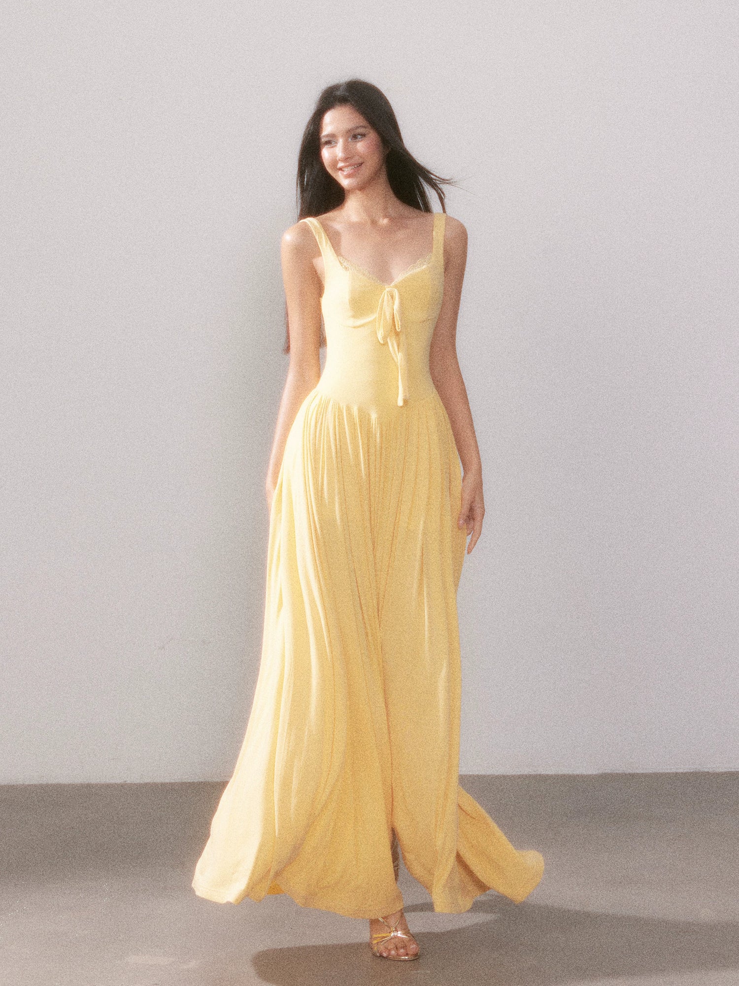 Lace Knit Spaghetti Strap Slit Long Dress - CHINASQUAD