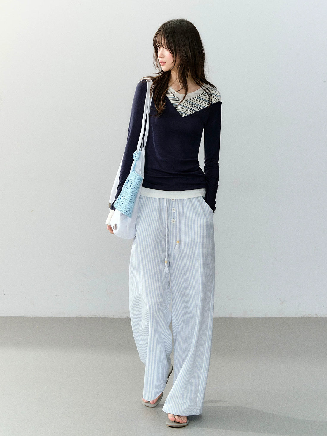 Blue Plaid Lyocell-Cotton Relaxed Wide-Leg Pants