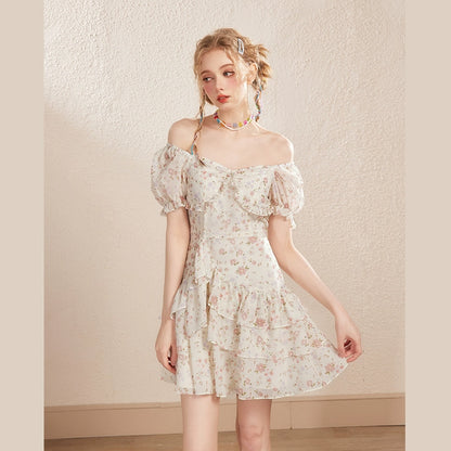 White Floral Puff Sleeve U-neck Dress