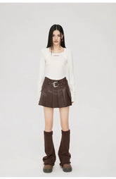 (Final Sale) High-Waisted Pleated Leather Skirt - CHINASQUAD