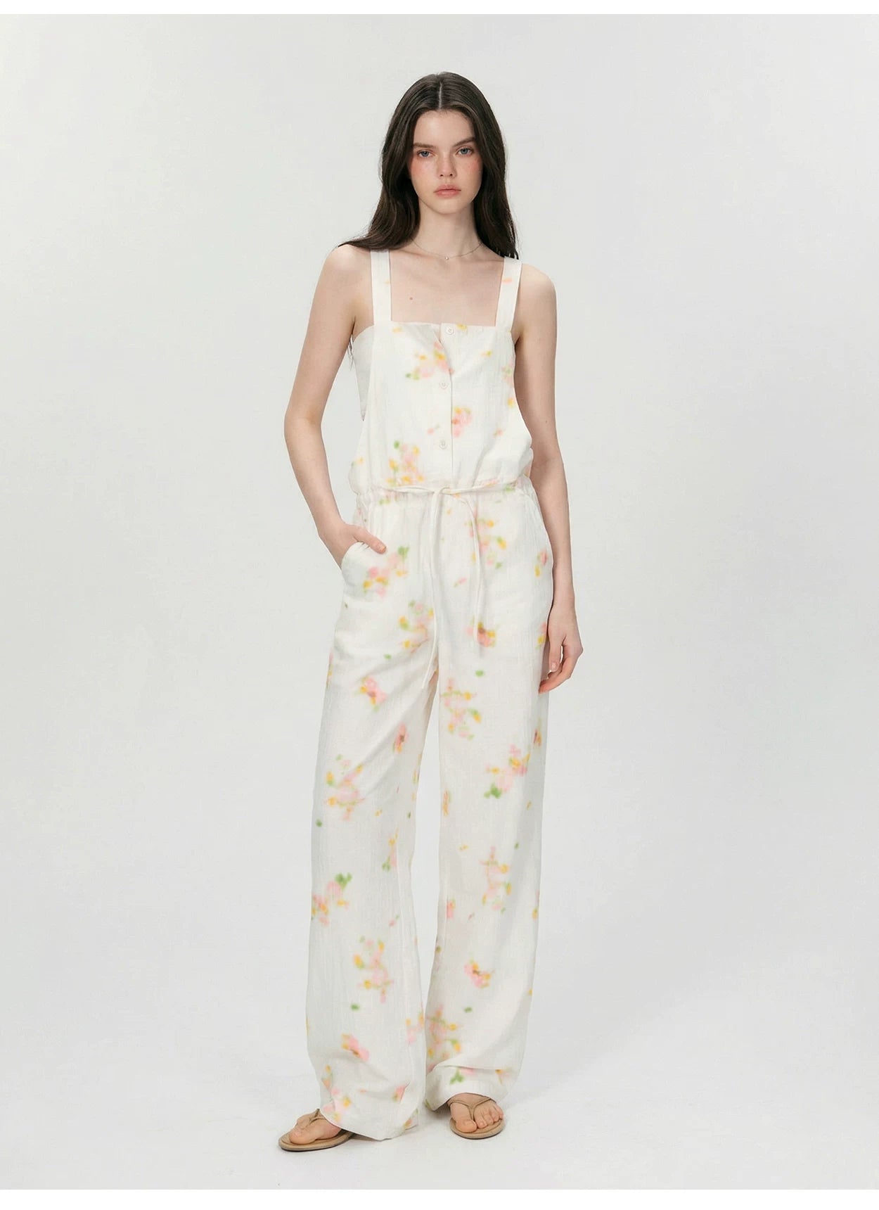 Vintage Soft-Blur Floral Backless Strap Jumpsuit