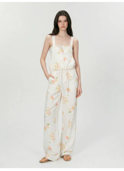 Vintage Soft-Blur Floral Backless Strap Jumpsuit