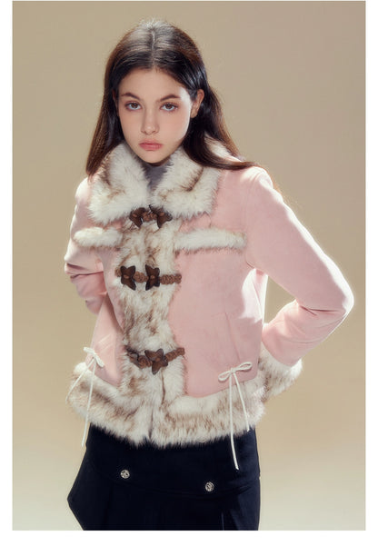 Pink Suede Butterfly Horn Button Shearling Coat - CHINASQUAD