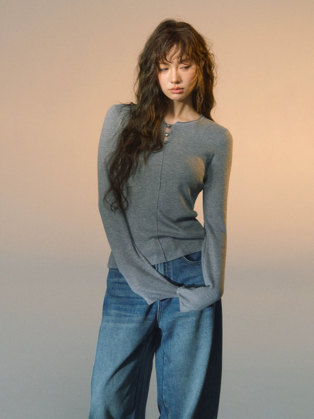 Striped Button-Up Knit Crewneck