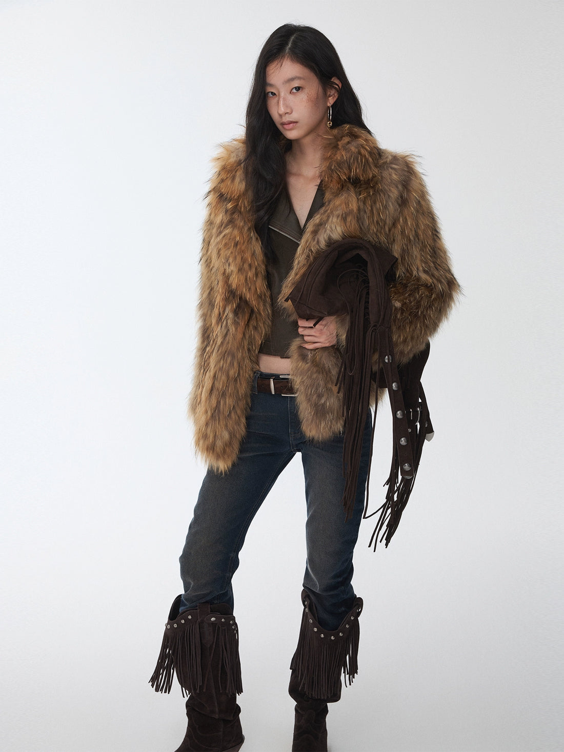 Raccoon Fur Oversized Lapel Woven Coat