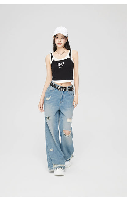 Blue Perforated Jeans Wide-leg Pants - CHINASQUAD