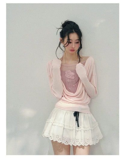 Rose Embroidery Draped Blouse Set