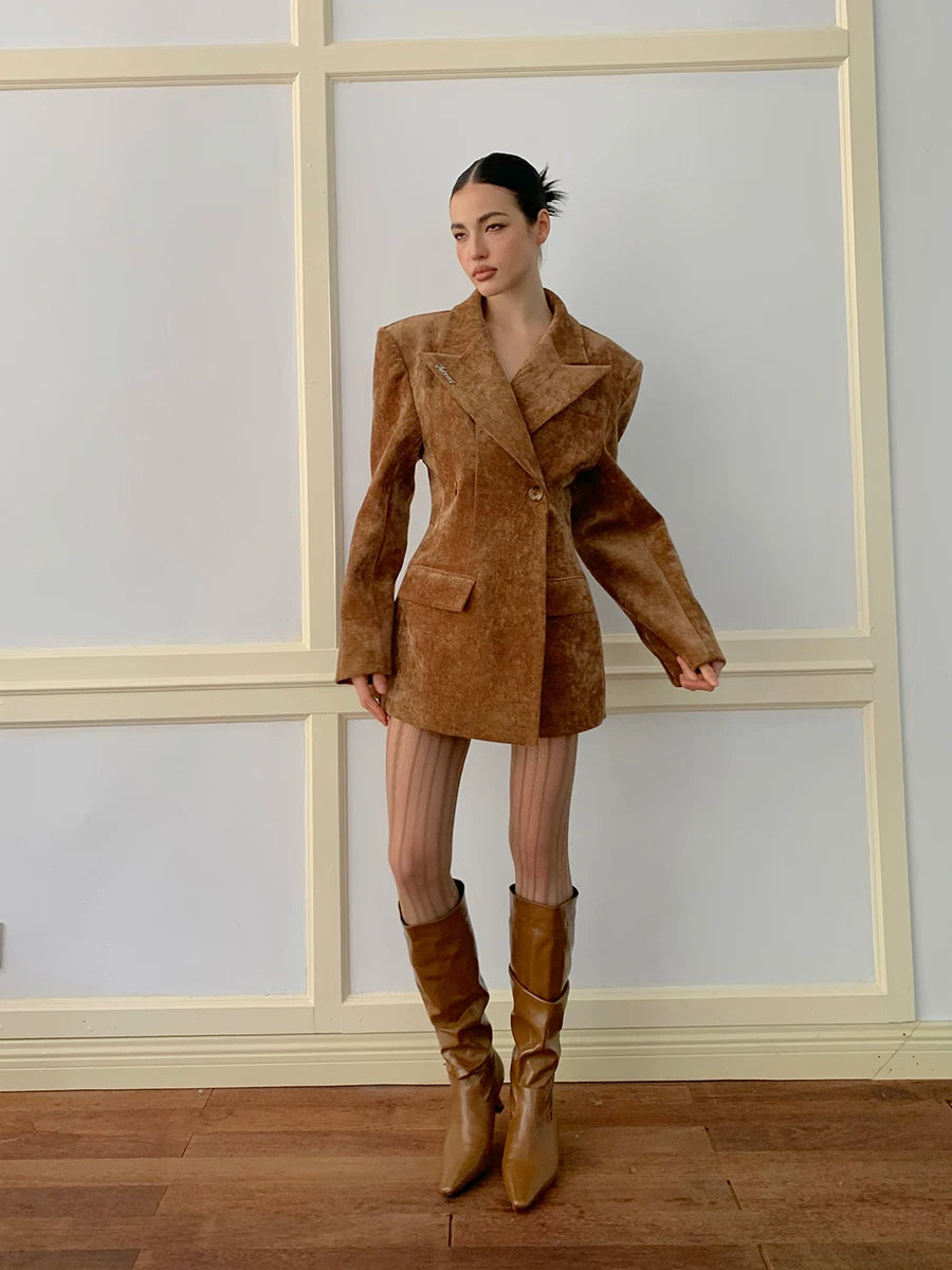 Waist-Cinched Power-Shoulder Blazer