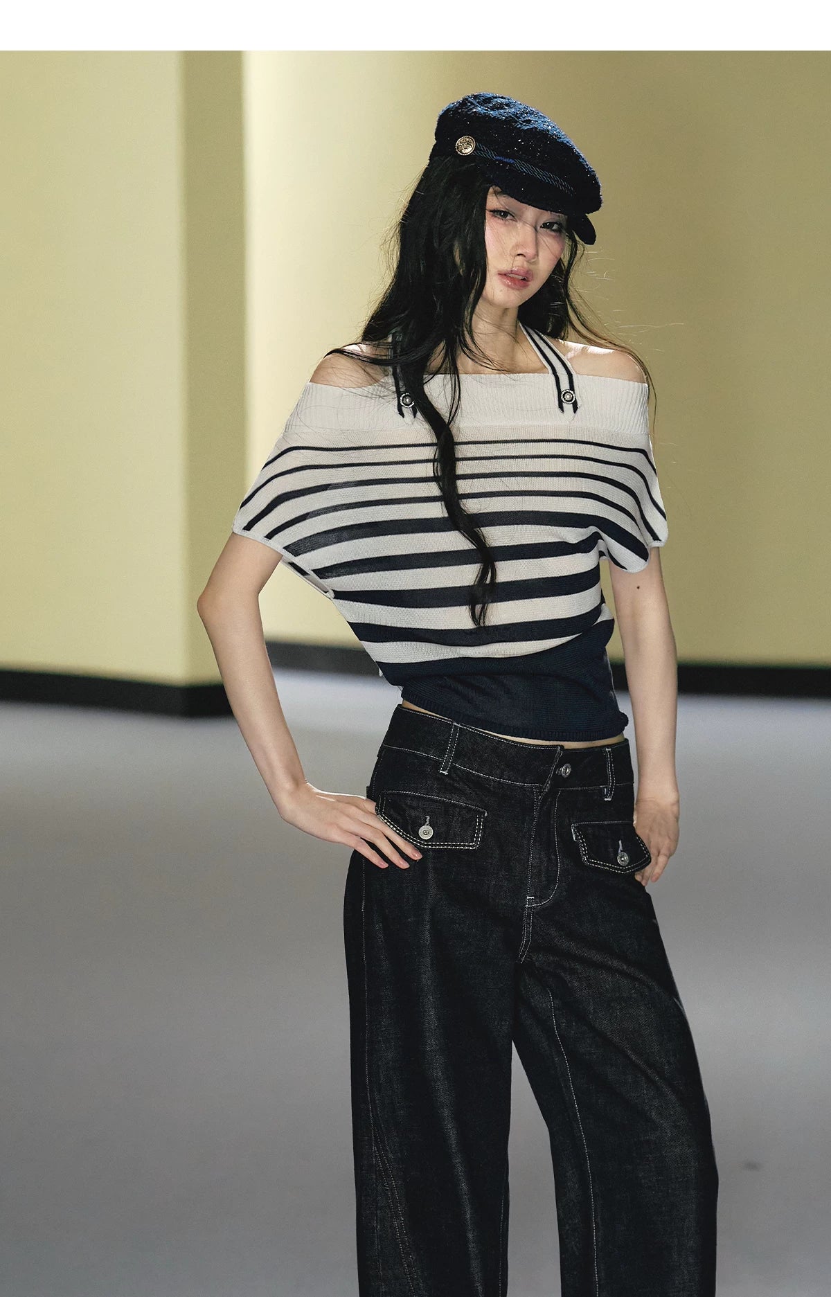 Nautical Stripe Off-Shoulder Halterneck Top