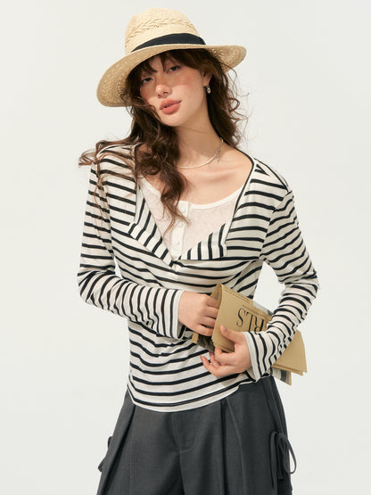 Fake Two-Piece Striped V-Neck Blouse