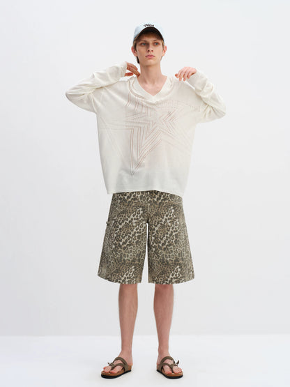 Cotton Hollow Star V-Neck Knit Cardigan