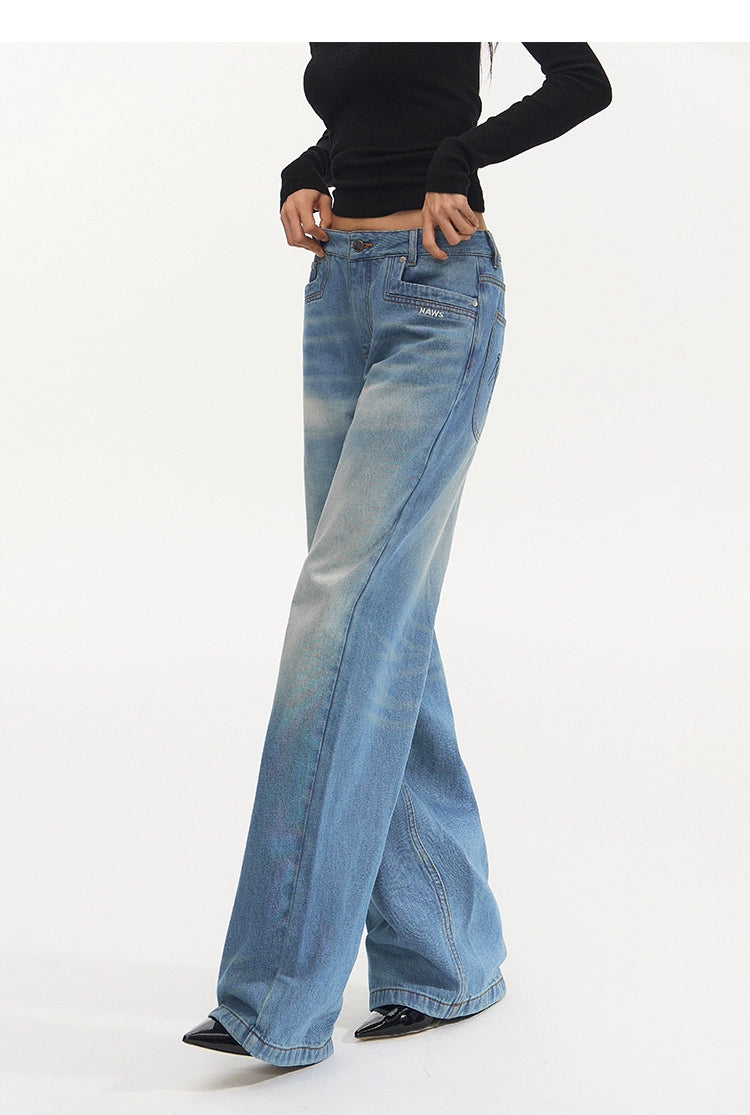 Water-Washed Low-Waist Loose Straight-Leg Pants