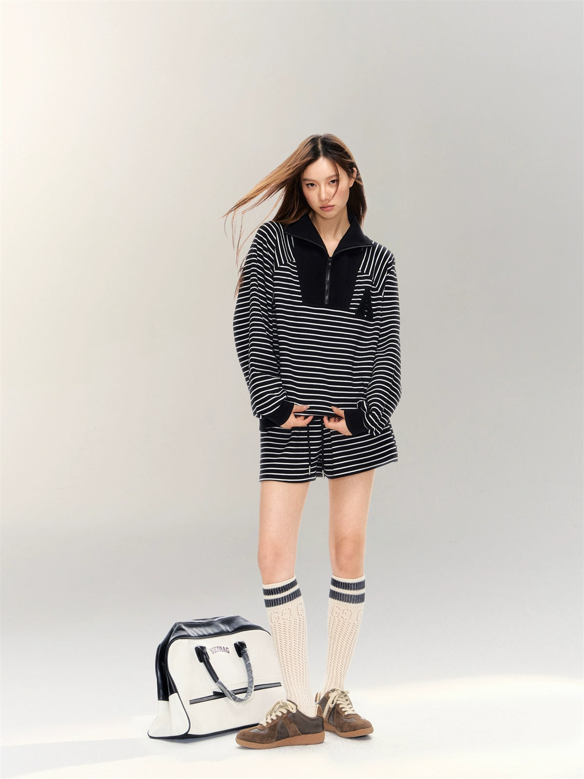 Striped Embroidered Sweatshirt &amp; Shorts Set