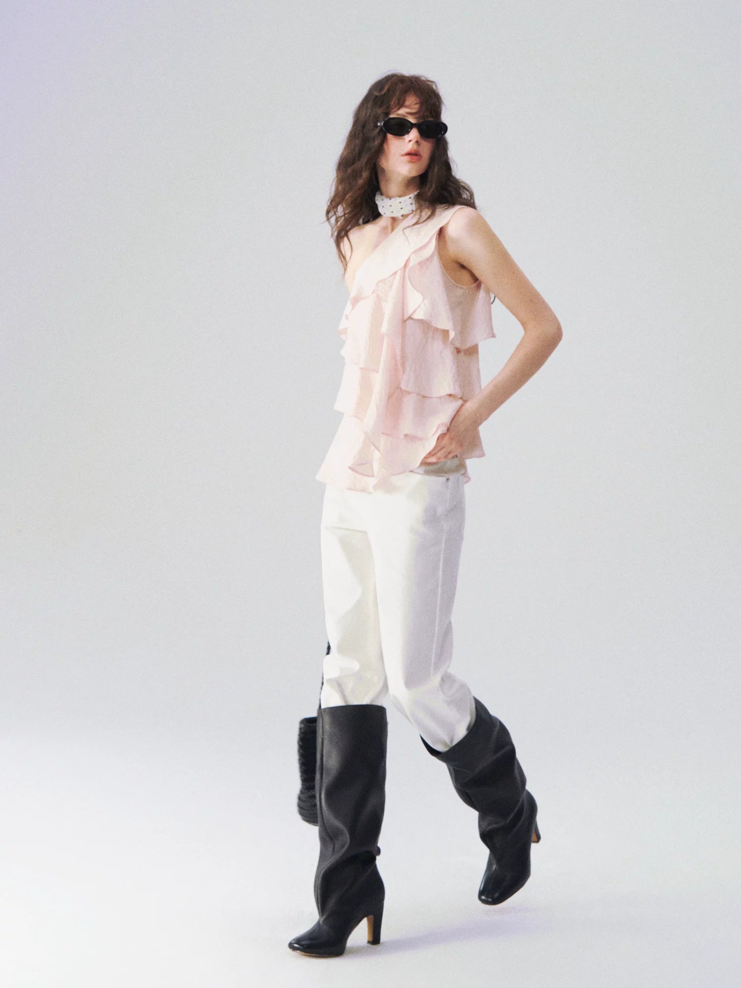 Layered Ruffle One-Shoulder Blouse